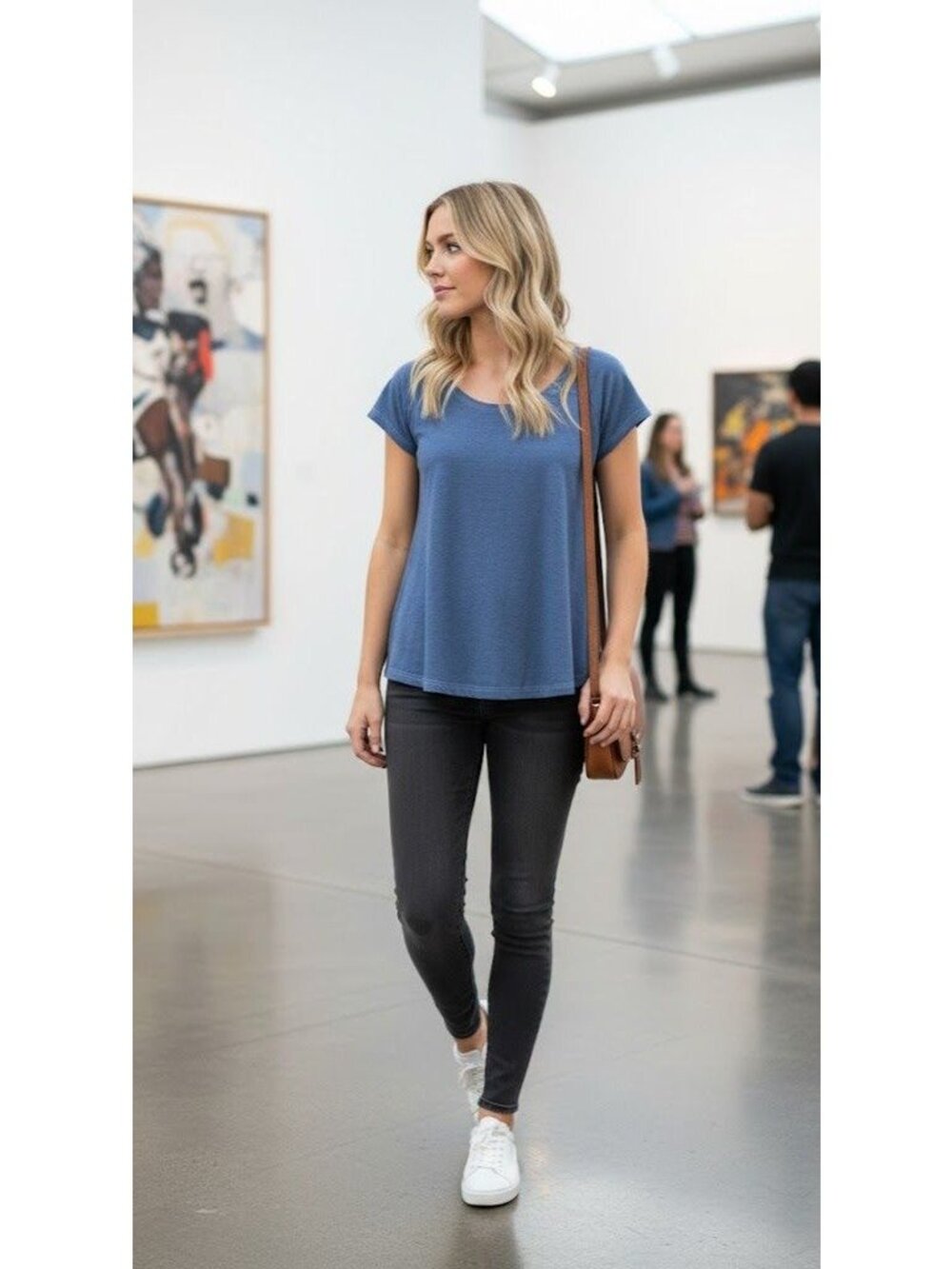 Anel Short Sleeve Top Denim Colored Fabric Lightweight Size M